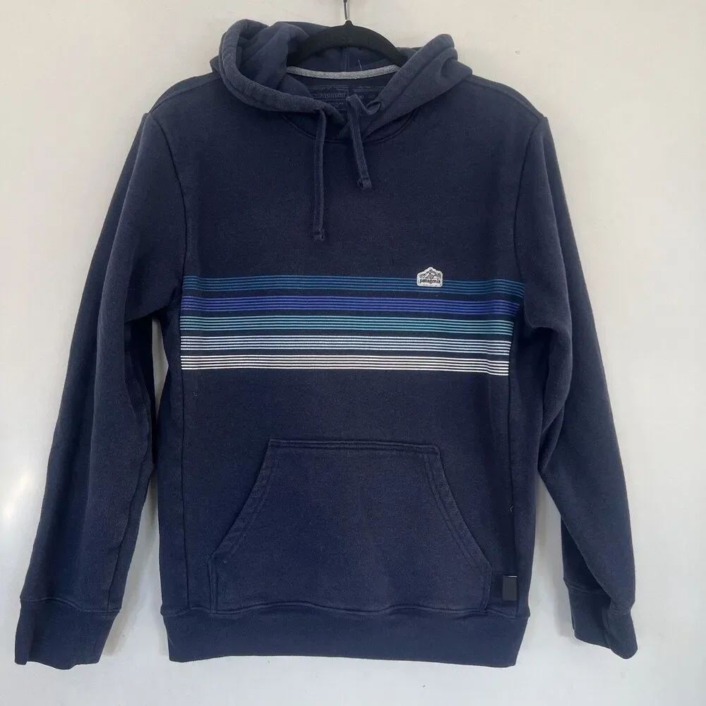 Patagonia Sweater Men's Hoodie Size Small Uprisal  Navy Blue Striped Long Sleeve